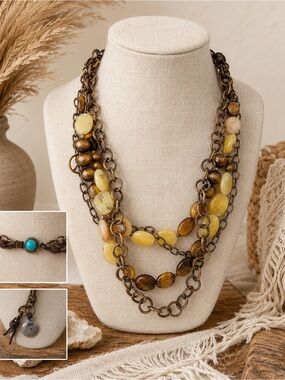 Unbranded Tiger’s Eye Natural Stone Multi-Strand Boho Necklace 925 Clasp